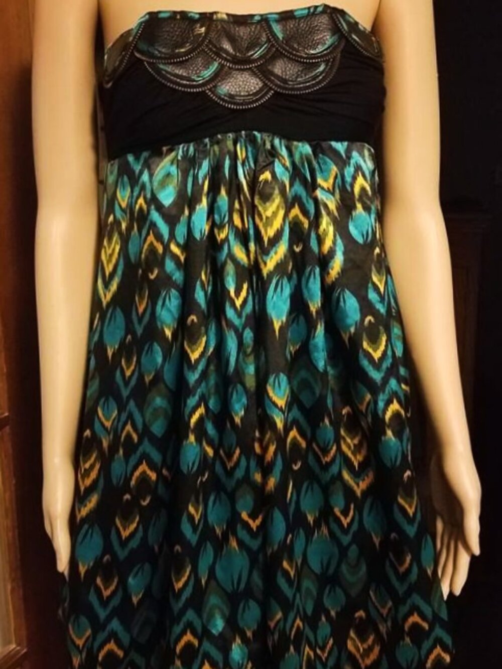 Arden B peacock cocktail dress with faux leather Juniors medium